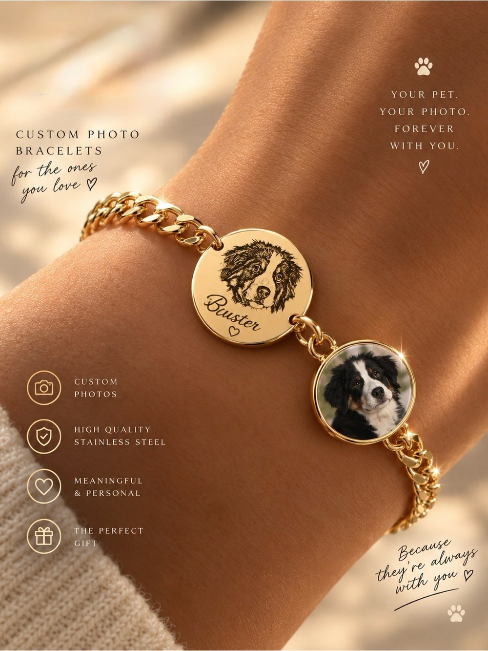 Personalized Gold Pet Photo Bracelet - Custom Dog Memorial Jewelry